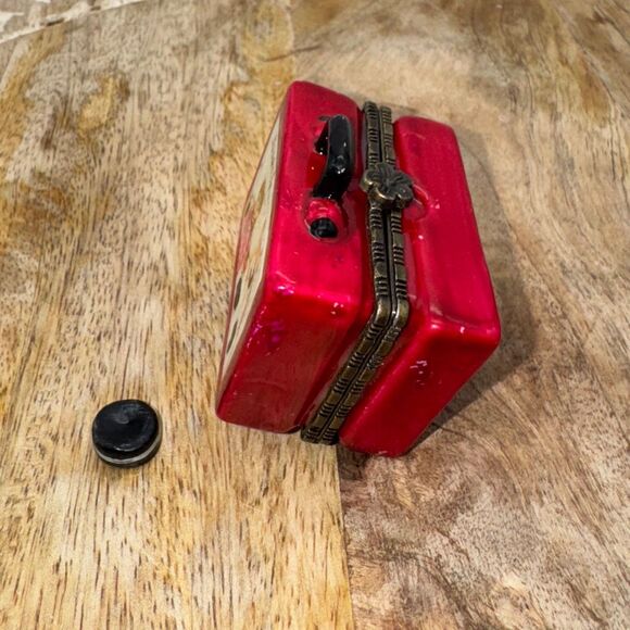 Porcelain Hinged Trinket Lunch Box Cowboy & Horse With Cookie Miniature Red Cute - Picture 2 of 9